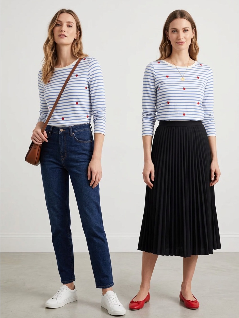 NWT Talbots Blue & White Striped Long-Sleeve Top with Red Apple Embroidery
